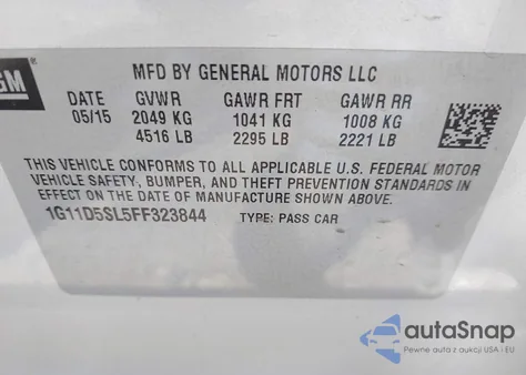 2015 Chevrolet Malibu 2Lt z USA, uszkodzony, nr VIN 1G11D5SL5FF323844